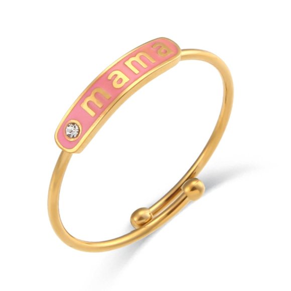 Light Pink Enamel Mama Adjustable Zircon Stackable 18k‎ Gold Plated Ring - Picture 1 of 6